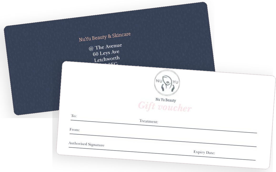 A Nu Yu Beauty gift voucher, front and back. The front has spaces for the recipient, the treatment, who it is from, a signature and the expiry date; the back carries the salon address, phone number and email.
